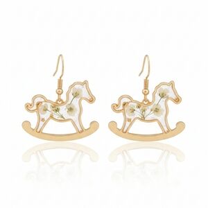 🆕️ Artisan With Real Floral & Resin Gold Rocking Horse Earrings Design